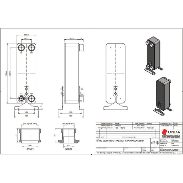 ONDA Platenwisselaar BPHE S62H S62H-036/E F1=S22/27